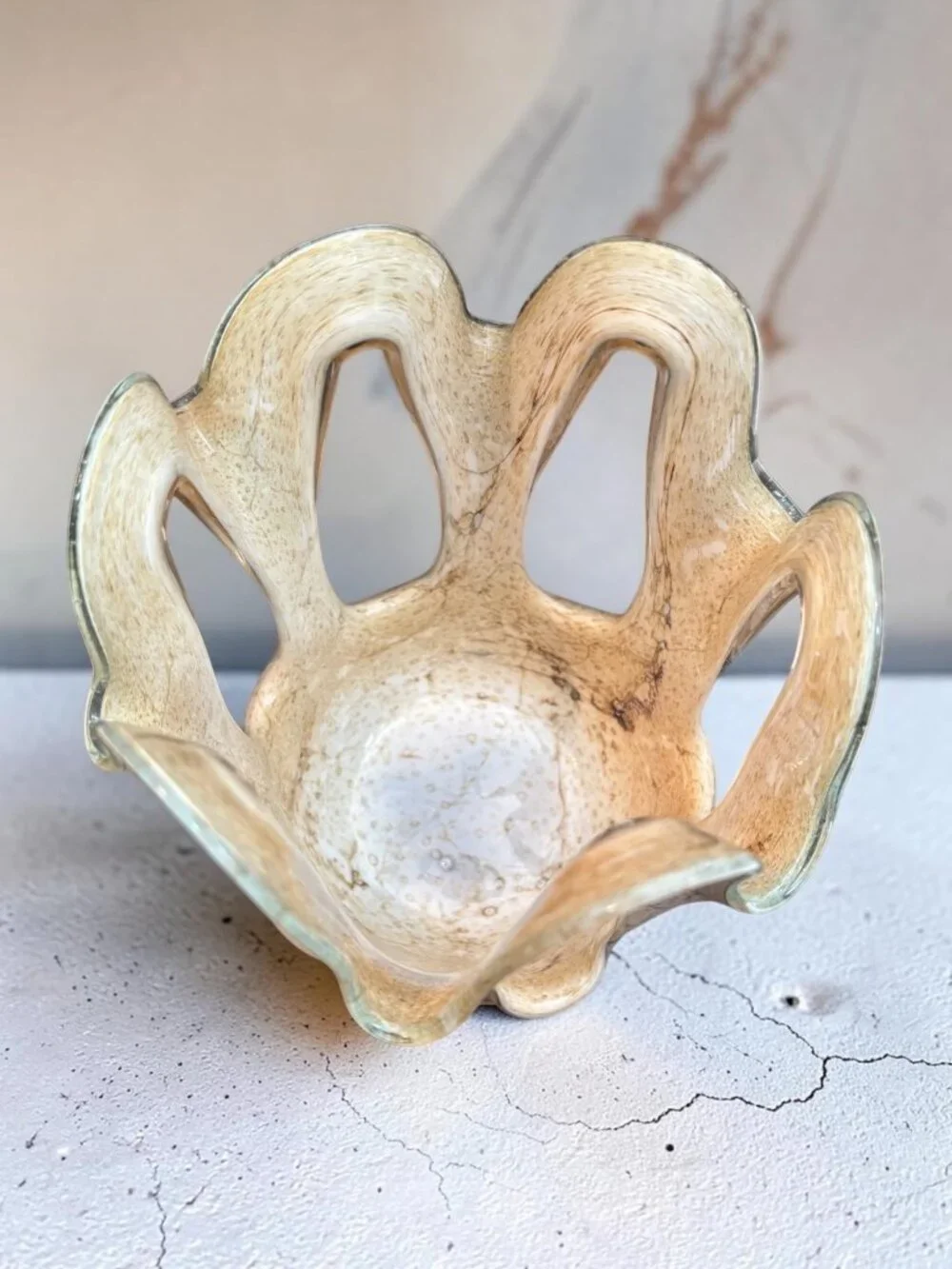 Art Glass Handkerchief Vase / candle holder, Krosno Makora Marbled Earthtone w/